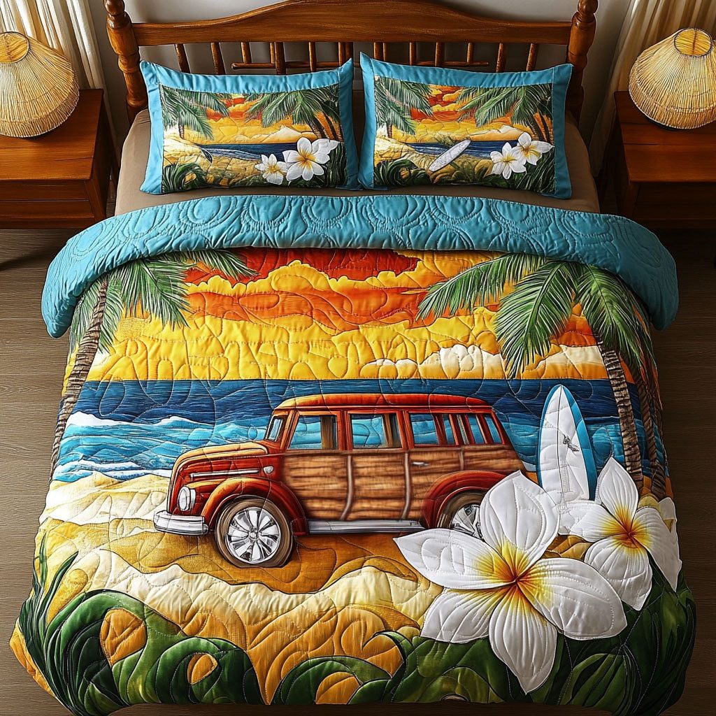 Island Woodie quilted 3-piece bedding set on a made bed in a light coastal bedroom