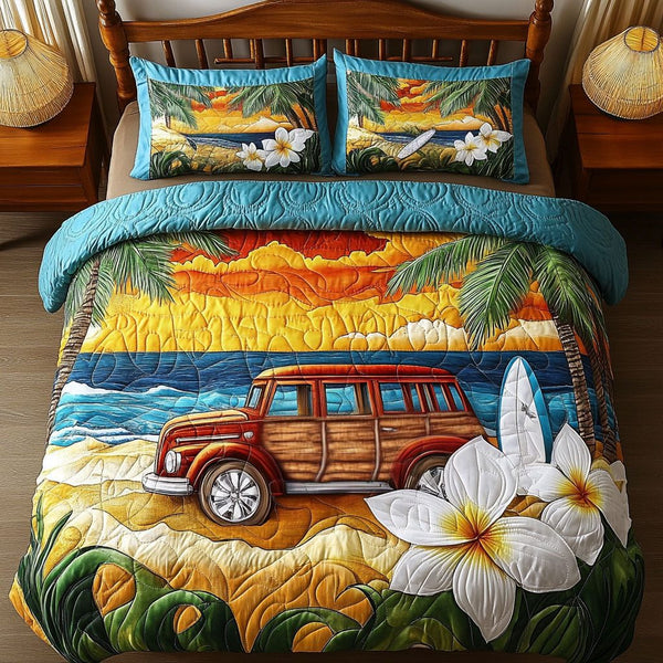 Island Woodie quilted 3-piece bedding set on a made bed in a light coastal bedroom