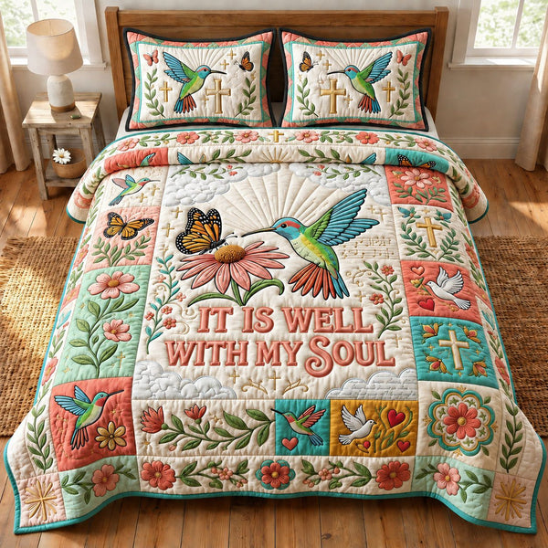 It Is Well With My Soul quilted 3-piece bedding set on a made bed with two matching pillow shams