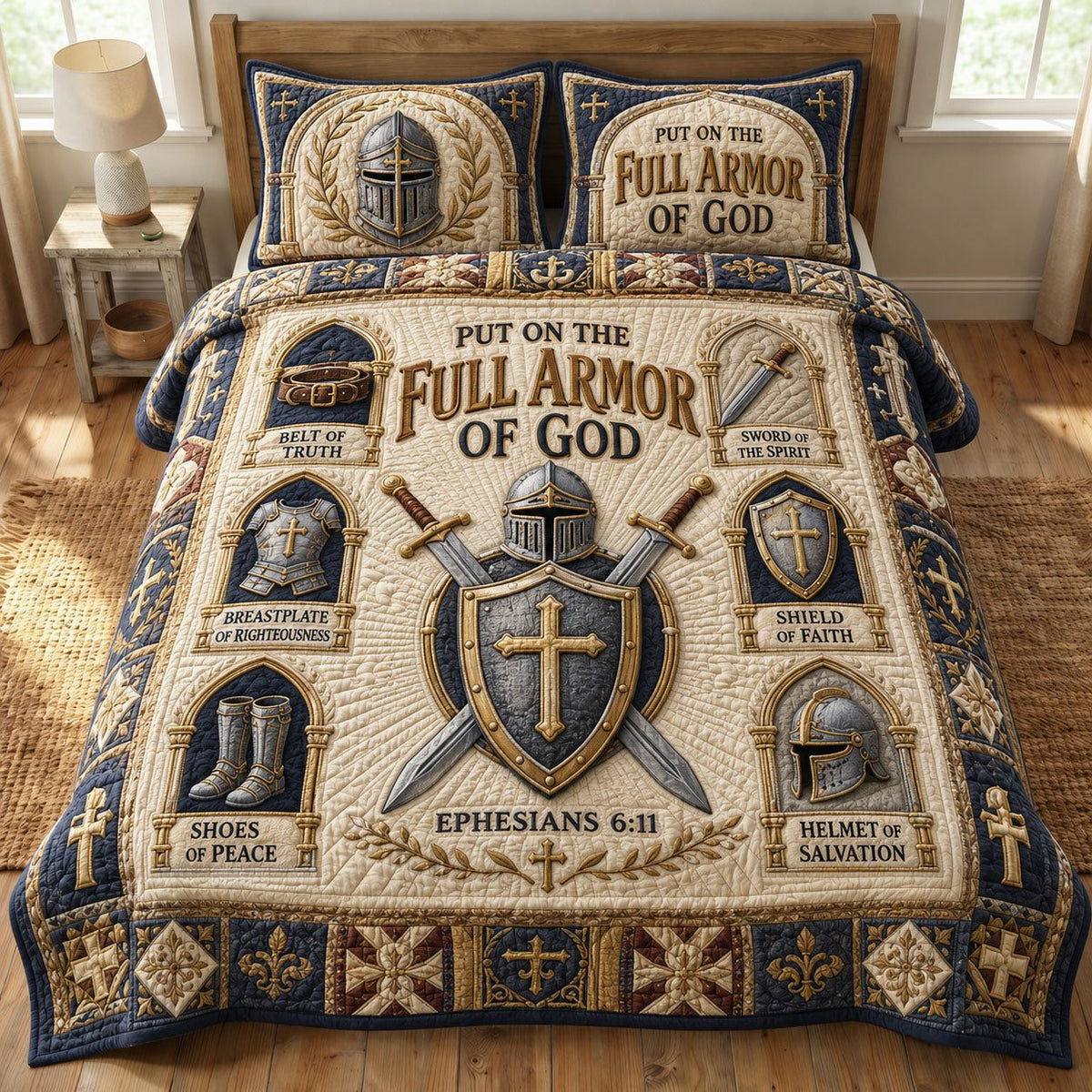 Ivory Armor Scripture quilted 3-piece bedding set on a made bed in a softly lit bedroom
