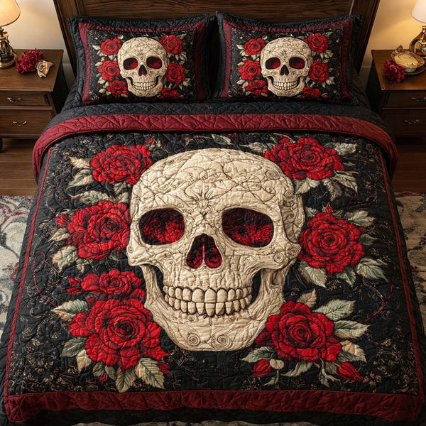 Ivory Bloom quilted 3-piece bedding set on a made bed with two matching pillow shams