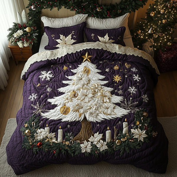 Ivory Christmas quilted 3-piece bedding set on a made bed in a winter-styled bedroom