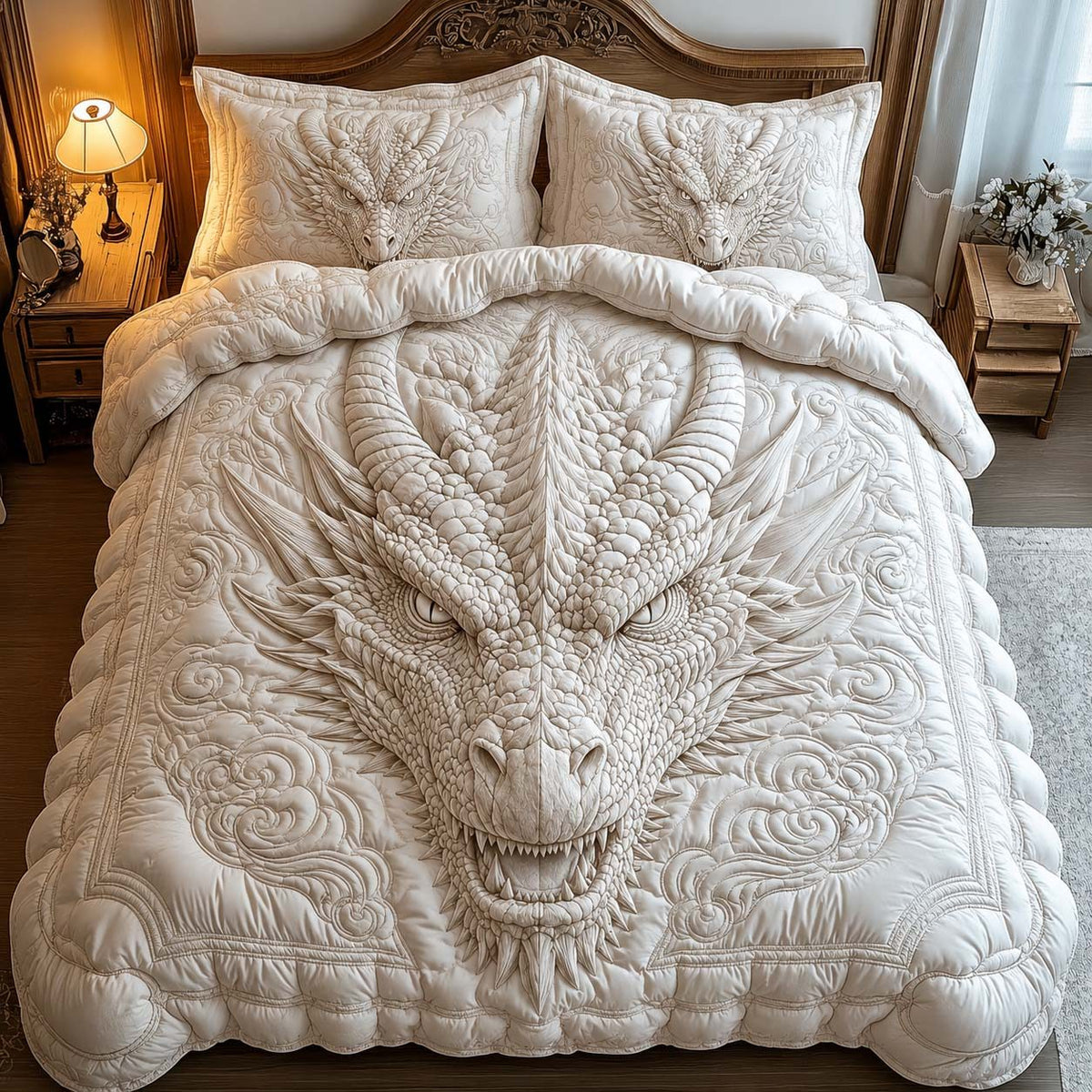 Ivory Dragon Relief quilted 3-piece bedding set on a made bed with two matching pillow shams