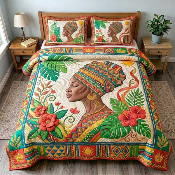 Ivory Garden Queen quilted 3-piece bedding set on a made bed with two matching pillow shams