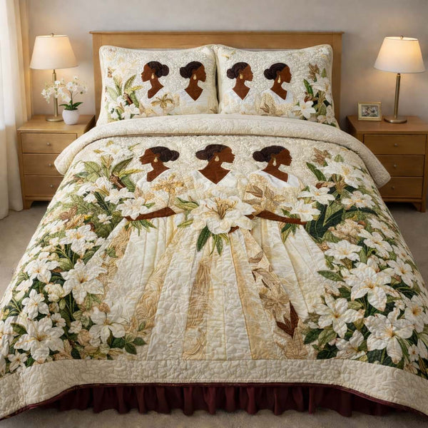 Ivory Grace quilted 3-piece bedding set on a made bed with two matching pillow shams