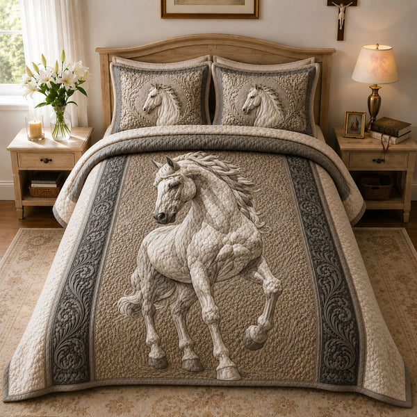 Ivory Heritage White Stallion quilted 3-piece bedding set on a made bed in a rustic timber bedroom