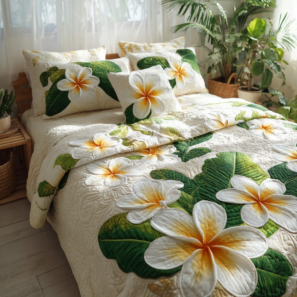 Ivory Island quilted 3-piece bedding set on a made bed in a light coastal bedroom