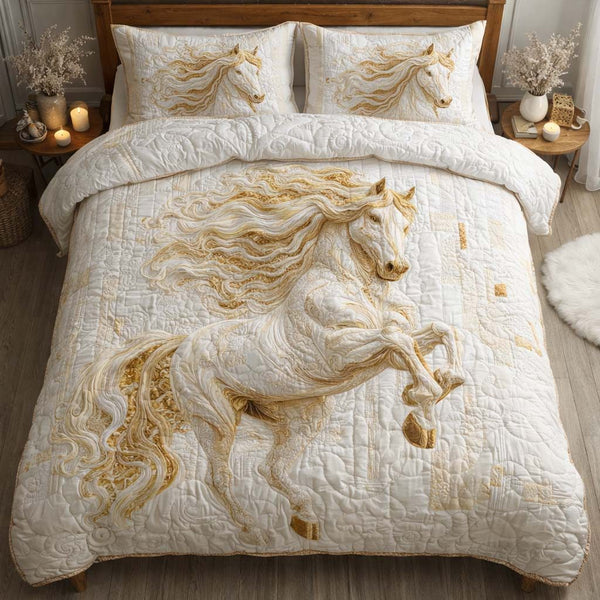 Ivory Majesty Stallion quilted 3-piece bedding set on a made bed in a rustic timber bedroom