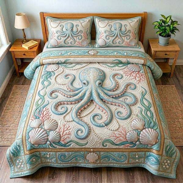Ivory Octopus Pearl quilted 3-piece bedding set on a made bed with two matching pillow shams