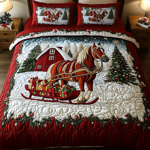 Ivory Stallion quilted 3-piece bedding set on a made bed in a rustic timber bedroom