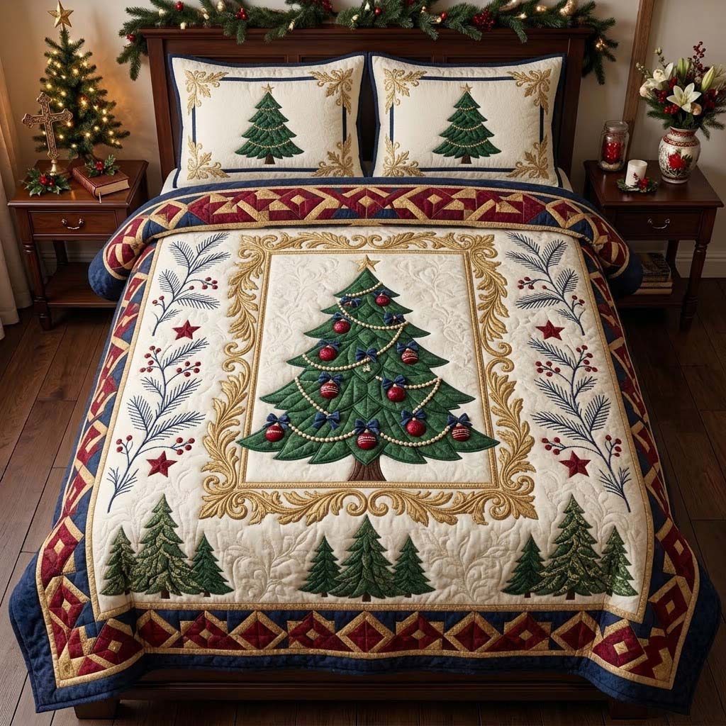 Ivory Victorian Christmas Tree quilted 3-piece bedding set on a made bed in a winter-styled bedroom