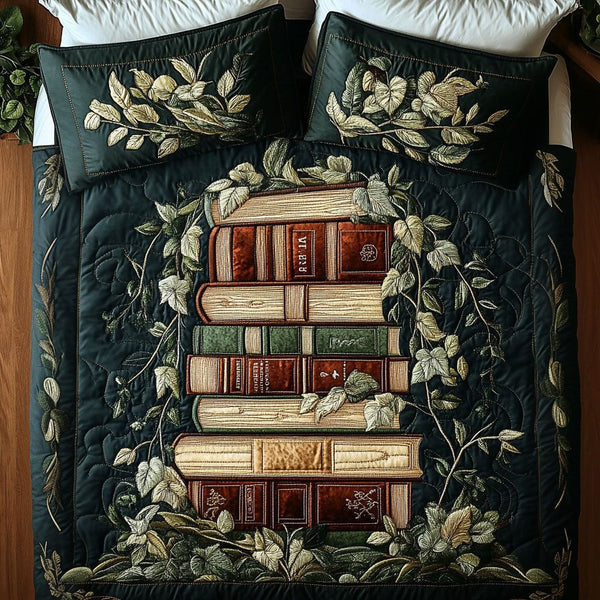 Ivy Book Stack quilted 3-piece bedding set on a made bed with two matching pillow shams