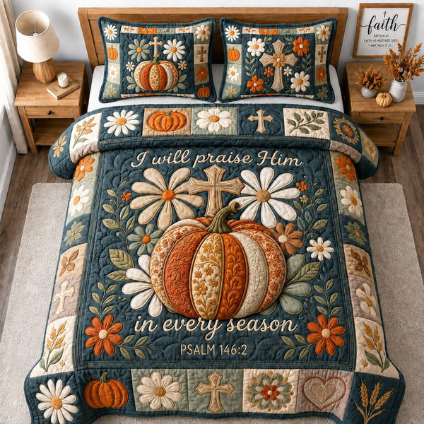 Iwill Praise Him quilted 3-piece bedding set on a made bed with two matching pillow shams