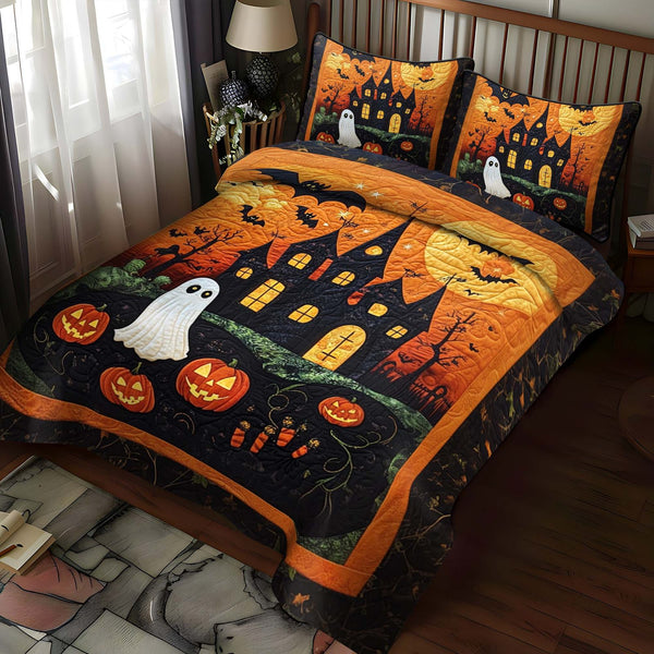 Jack O Lantern quilted 3-piece bedding set on a made bed with two matching pillow shams