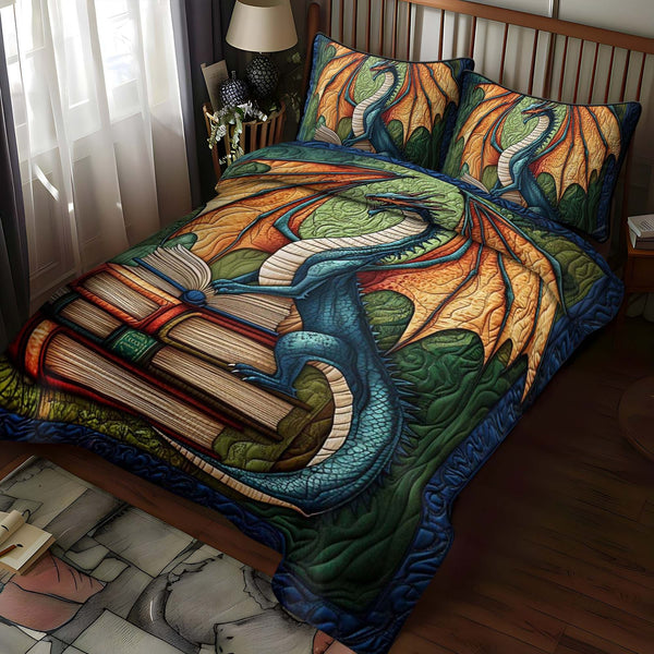 Jade Serpent quilted 3-piece bedding set on a made bed with two matching pillow shams