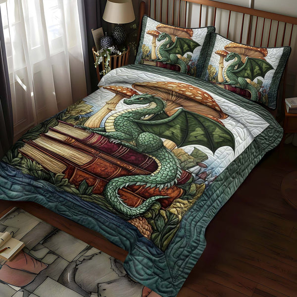 Jade Serpent quilted 3-piece bedding set on a made bed with two matching pillow shams