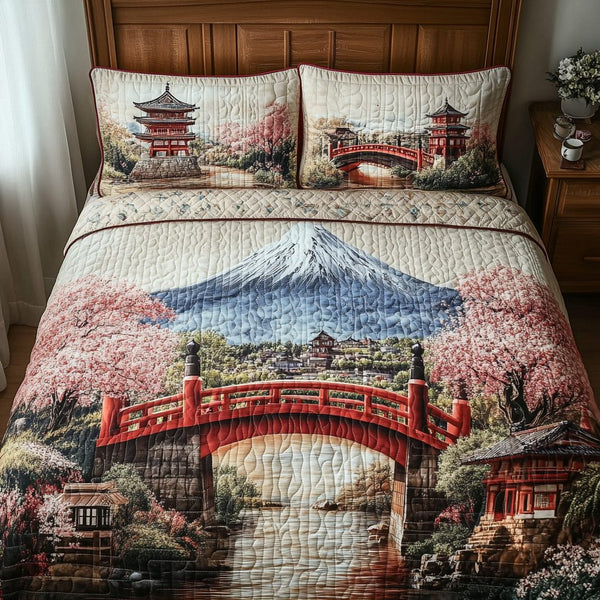 Japan Heritage Bridge quilted 3-piece bedding set on a made bed in a farmhouse bedroom