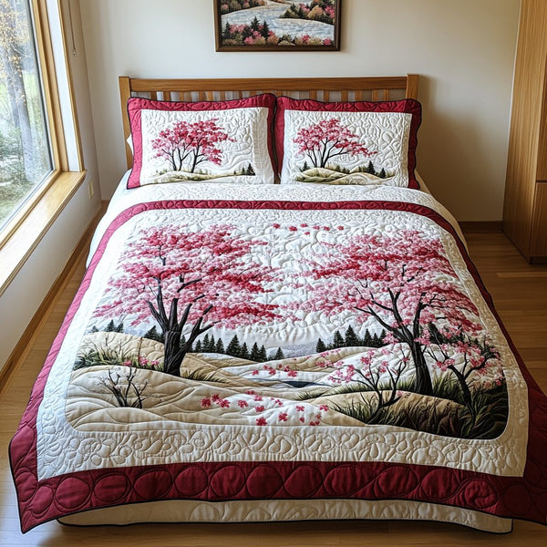 Japan Spring Bloom quilted 3-piece bedding set on a made bed with two matching pillow shams