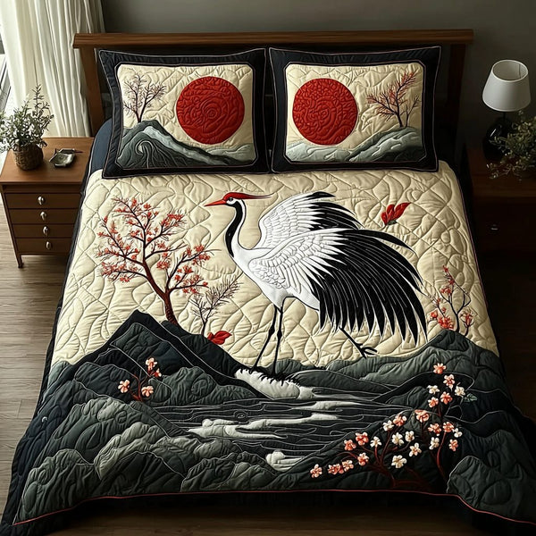 Japanese Crane Heritage quilted 3-piece bedding set on a made bed in a farmhouse bedroom