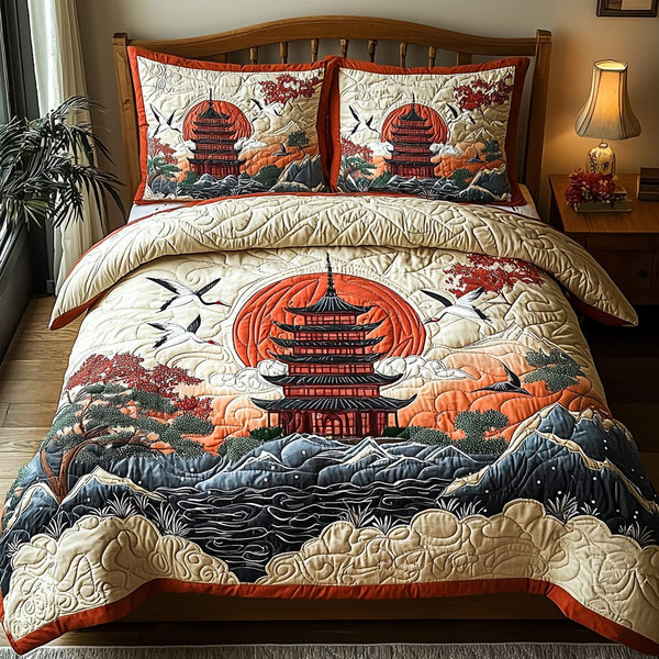 Japanese Crane Pagoda quilted 3-piece bedding set on a made bed with two matching pillow shams