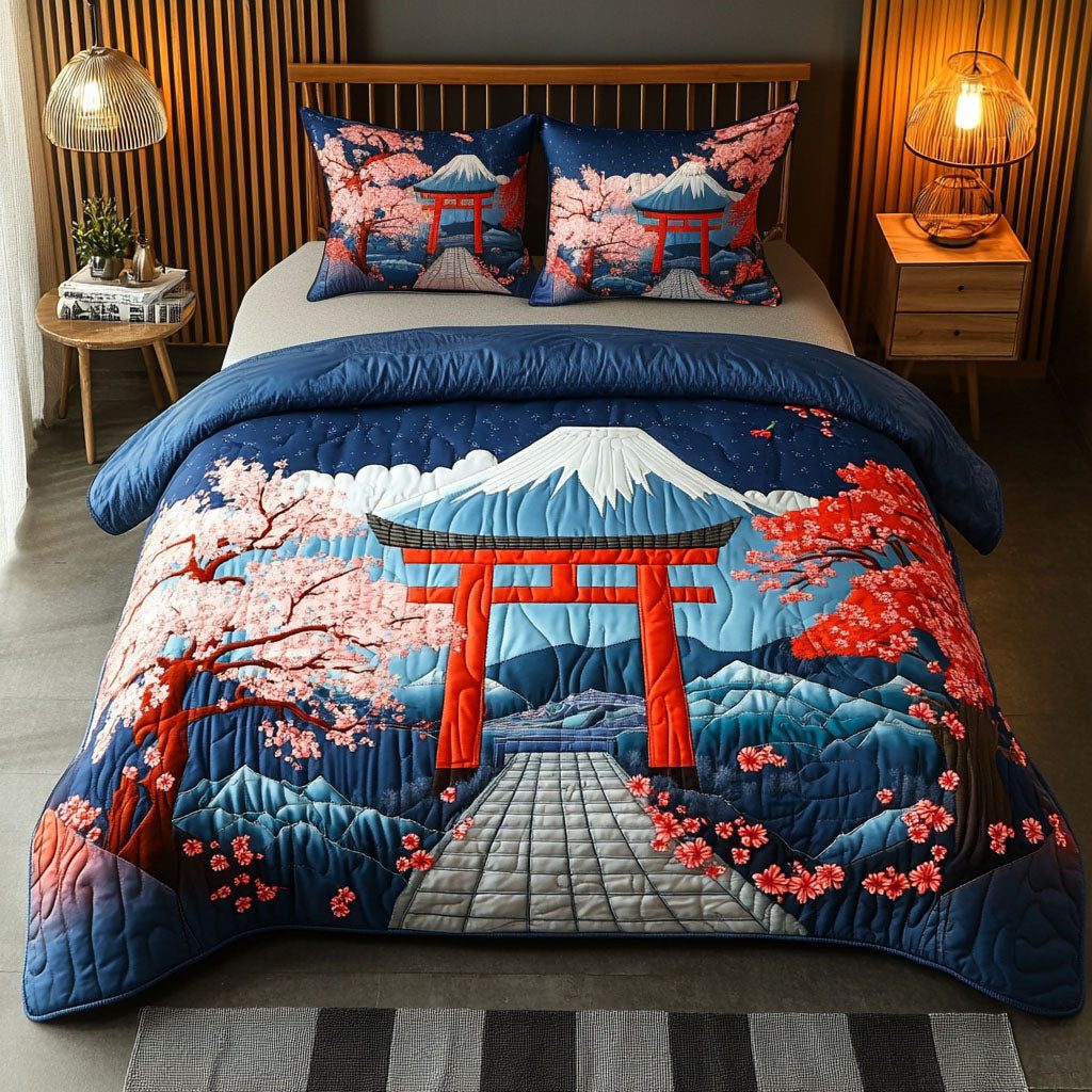 Japanese Gateway quilted 3-piece bedding set on a made bed with two matching pillow shams