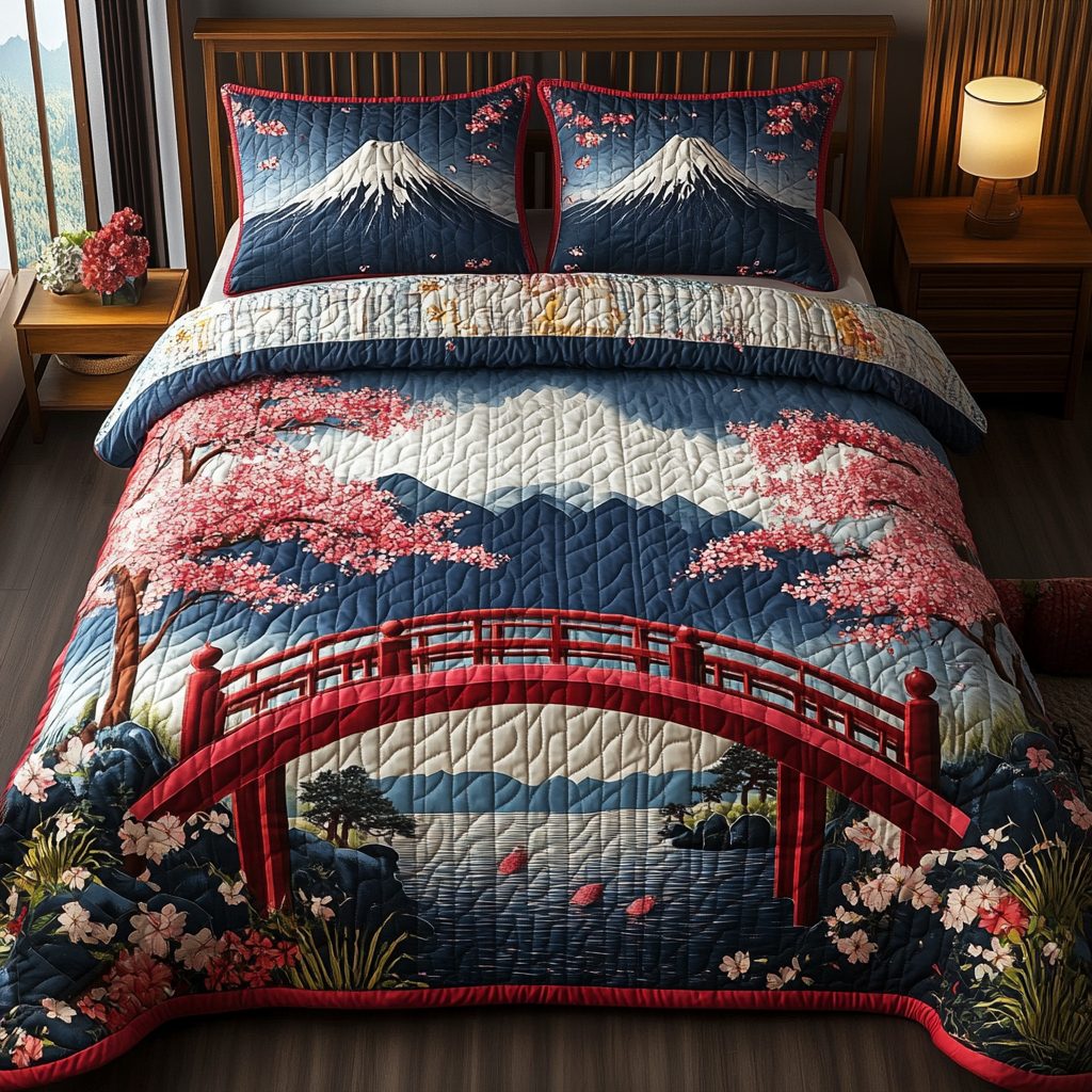 Japanese Heavenly Red Bridge quilted 3-piece bedding set on a made bed in a softly lit bedroom