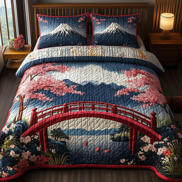 Japanese Heavenly Red Bridge quilted 3-piece bedding set on a made bed in a softly lit bedroom