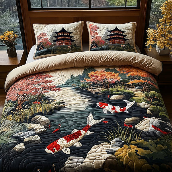 Japanese Koi Charm quilted 3-piece bedding set on a made bed with two matching pillow shams