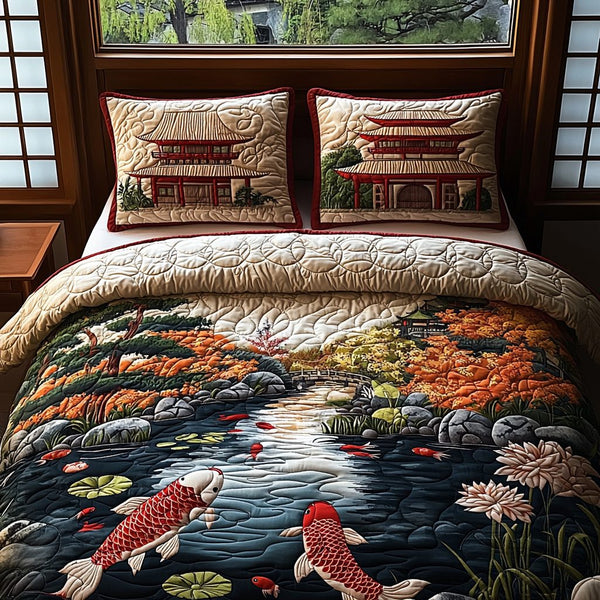 Japanese Koi Garden quilted 3-piece bedding set on a made bed with two matching pillow shams