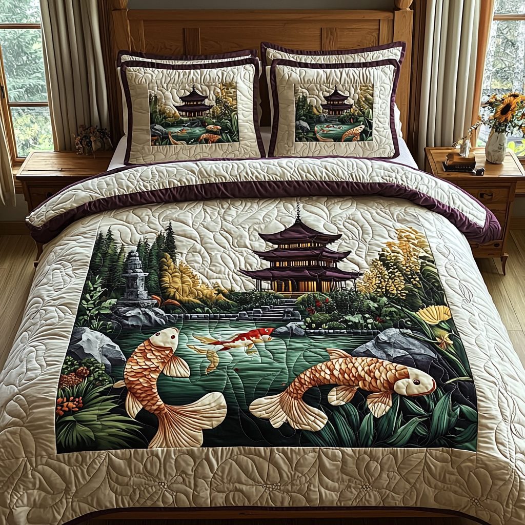 Japanese Koi Heritage Charm quilted 3-piece bedding set on a made bed in a farmhouse bedroom