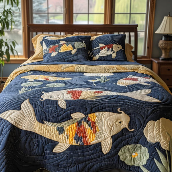 Japanese Koi Heritage quilted 3-piece bedding set on a made bed in a farmhouse bedroom