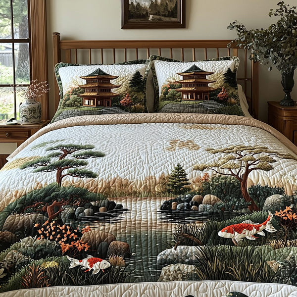 Japanese Koi in Garden Scene quilted 3-piece bedding set on a made bed with two matching pillow shams