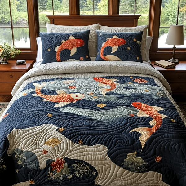 Japanese Koi Pond quilted 3-piece bedding set on a made bed with two matching pillow shams