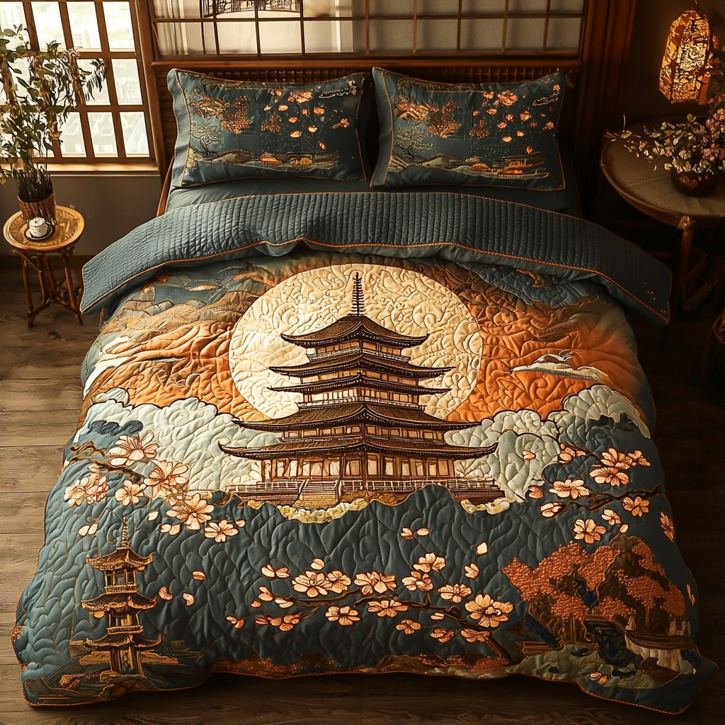 Japanese Moonlit Pagoda quilted 3-piece bedding set on a made bed with two matching pillow shams