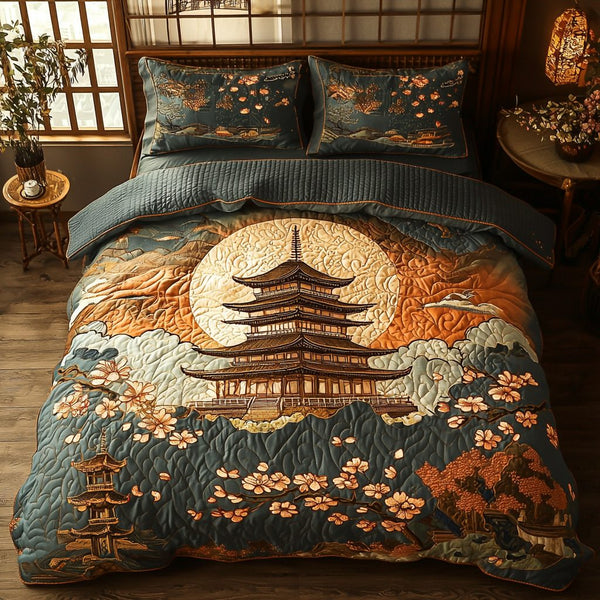Japanese Moonlit Pagoda quilted 3-piece bedding set on a made bed with two matching pillow shams