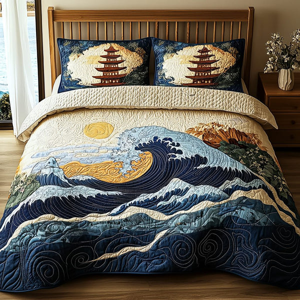 Japanese Pagoda Artistic Wave quilted 3-piece bedding set on a made bed in a light coastal bedroom