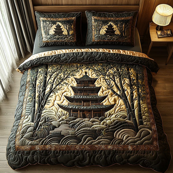 Japanese Pagoda Bamboo Path quilted 3-piece bedding set on a made bed with two matching pillow shams