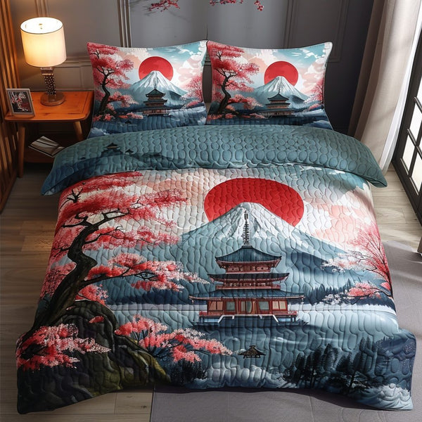 Japanese Pagoda Beautiful Scene quilted 3-piece bedding set on a made bed with two matching pillow shams