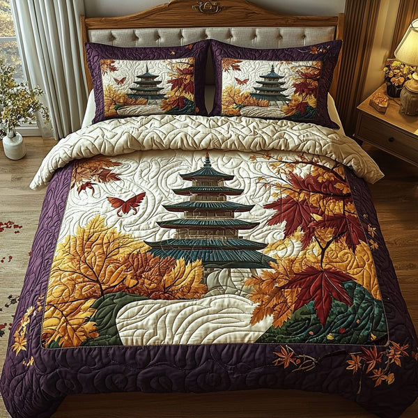 Japanese Pagoda in Autumn quilted 3-piece bedding set on a made bed with two matching pillow shams