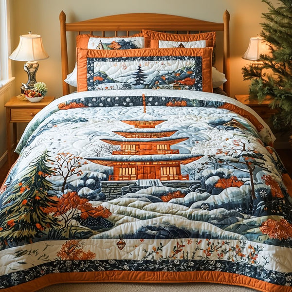 Japanese Pagoda in Winter quilted 3-piece bedding set on a made bed in a winter-styled bedroom