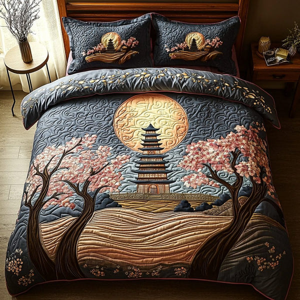 Japanese Pagoda Moonlight quilted 3-piece bedding set on a made bed with two matching pillow shams
