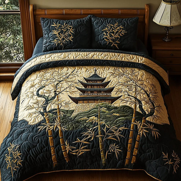 Japanese Pagoda quilted 3-piece bedding set on a made bed with two matching pillow shams