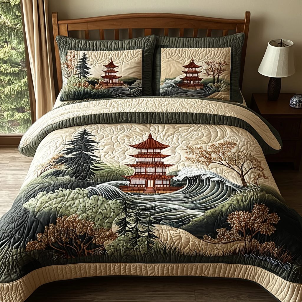 Japanese Pagoda Vintage Art quilted 3-piece bedding set on a made bed in a farmhouse bedroom