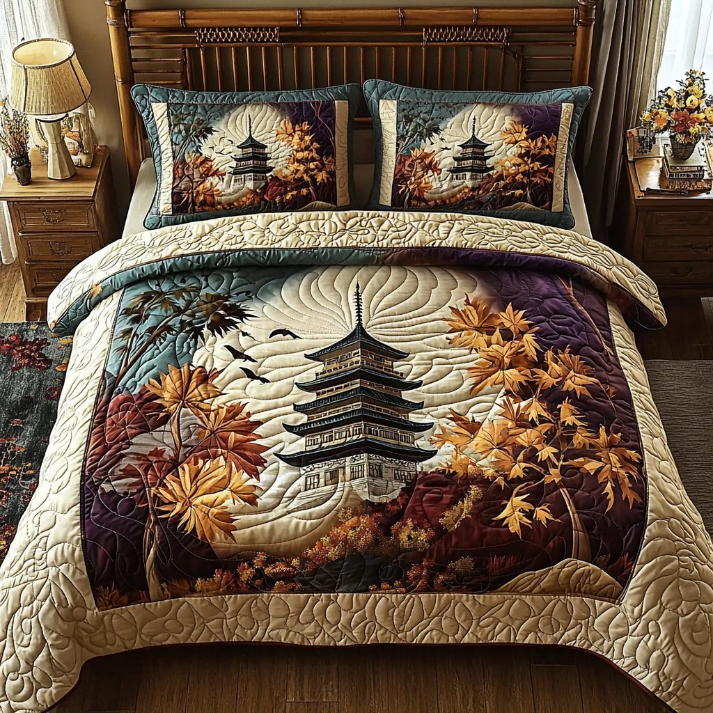 Japanese Pagoda Vintage Autumn Charm quilted 3-piece bedding set on a made bed in a farmhouse bedroom