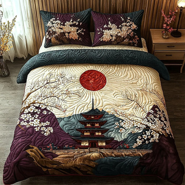 Japanese Pagoda Vintage Charm quilted 3-piece bedding set on a made bed in a farmhouse bedroom