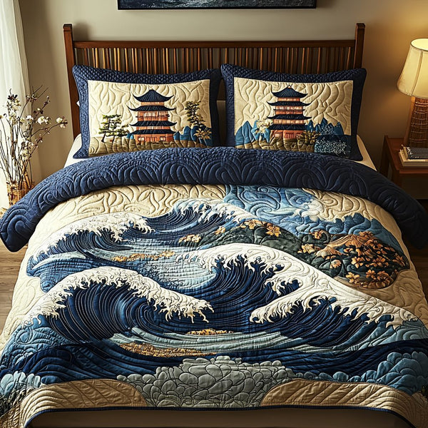 Japanese Pagoda Wave Charm quilted 3-piece bedding set on a made bed in a light coastal bedroom
