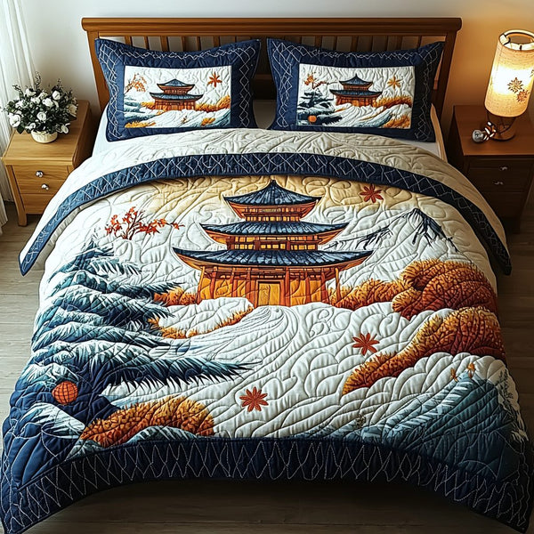 Japanese Pagoda Winter Charm quilted 3-piece bedding set on a made bed in a winter-styled bedroom