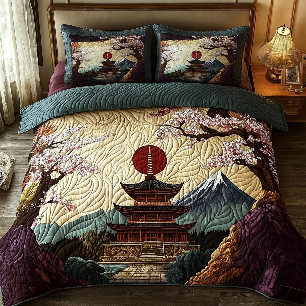 Japanese Retro Pagoda And Sakura quilted 3-piece bedding set on a made bed in a farmhouse bedroom