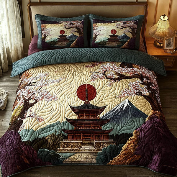 Japanese Retro Pagoda And Sakura quilted 3-piece bedding set on a made bed in a farmhouse bedroom