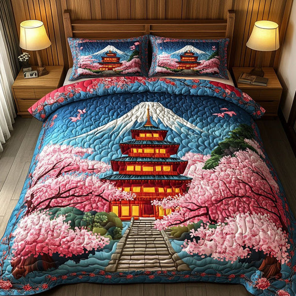 Japanese Serenity quilted 3-piece bedding set on a made bed with two matching pillow shams